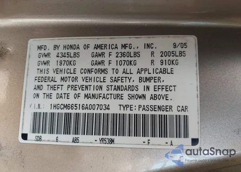 2006 Honda Accord 3.0 Ex from USA, damaged, VIN 1HGCM66516A007034